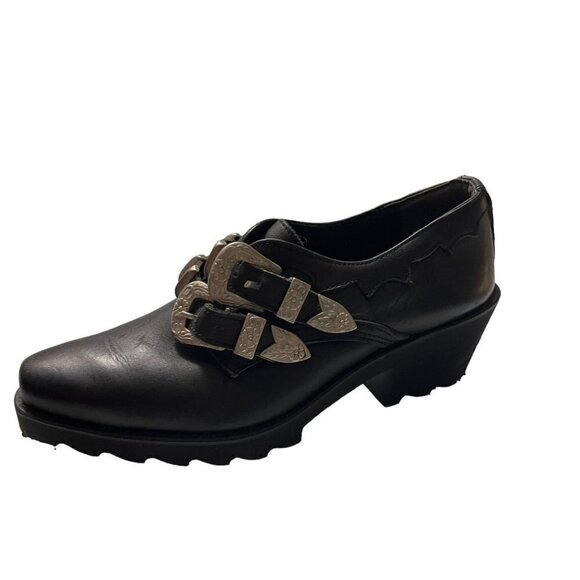 Vintage Molts Womens Black Leather Western Buckle Goth Witchy Ankle Booties 6 - Picture 1 of 10